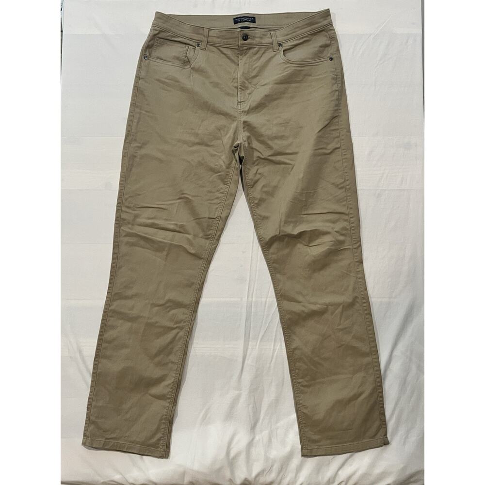 Roundtree & Yorke Mens 38x34 Khaki Pants Beige Stretch Casual Flat Front